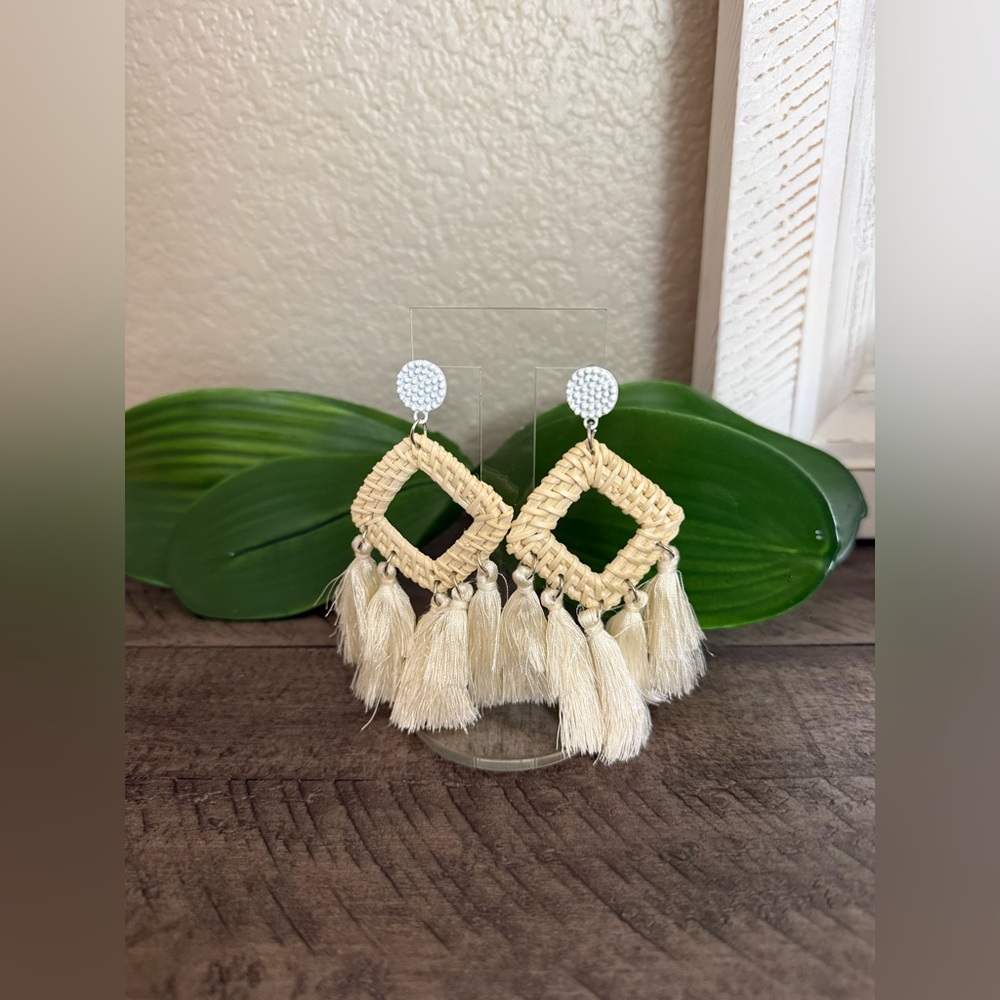 Beige Woven Tassel Earrings